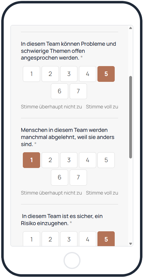 Beispielfragen der anonymen Team-Befragung auf dem Smartphone